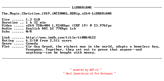 NFO for the release The.Magic.Christian.1969.iNTERNAL.BDRip.x264-LiBRARiANS by LiBRARiANS