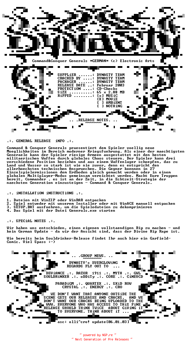 NFO for the release Command.And.Conquer.Generals.GERMAN-DYNASTY by DYNASTY