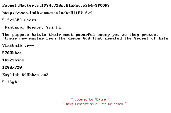 NFO for the release Puppet.Master.5.1994.720p.BluRay.x264-SPOOKS by SPOOKS