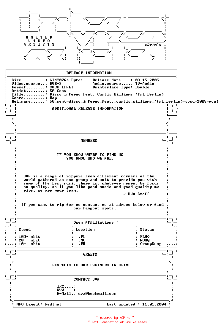 NFO for the release 50_cent-disco_inferno_feat._curtis_williams_(trl_berlin)-svcd-2005-uva by uva