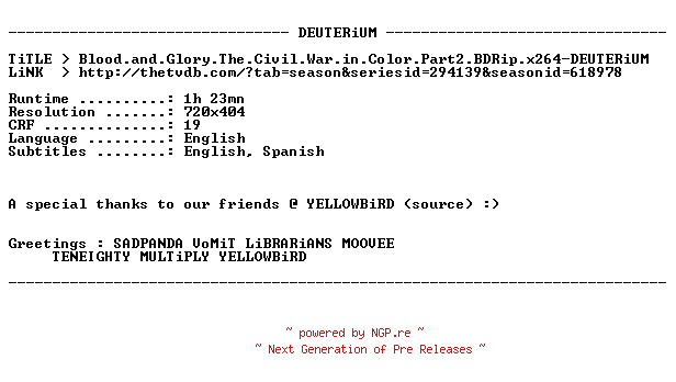 NFO for the release Blood.and.Glory.The.Civil.War.in.Color.Part2.BDRip.x264-DEUTERiUM by DEUTERiUM
