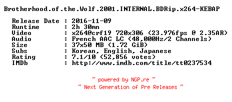 NFO for the release Brotherhood.of.the.Wolf.2001.INTERNAL.BDRip.x264-KEBAP by KEBAP