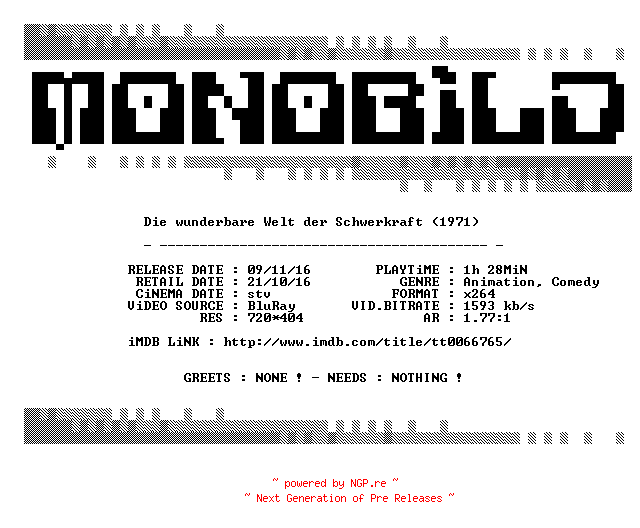 NFO for the release Monty.Phythons.wunderbare.Welt.der.Schwerkraft.1971.German.BDRip.x264.iNTERNAL-MONOBiLD by MONOBiLD