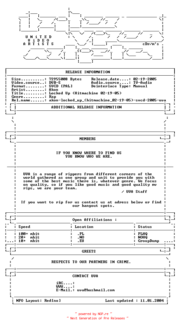 NFO for the release Akon-locked_up_(hitmachine_02-19-05)-svcd-2005-uva by uva