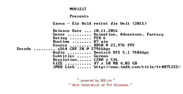 NFO for the release Savva.Ein.Held.rettet.die.Welt.2015.German.720p.BluRay.x264-MOViEiT by MOViEiT