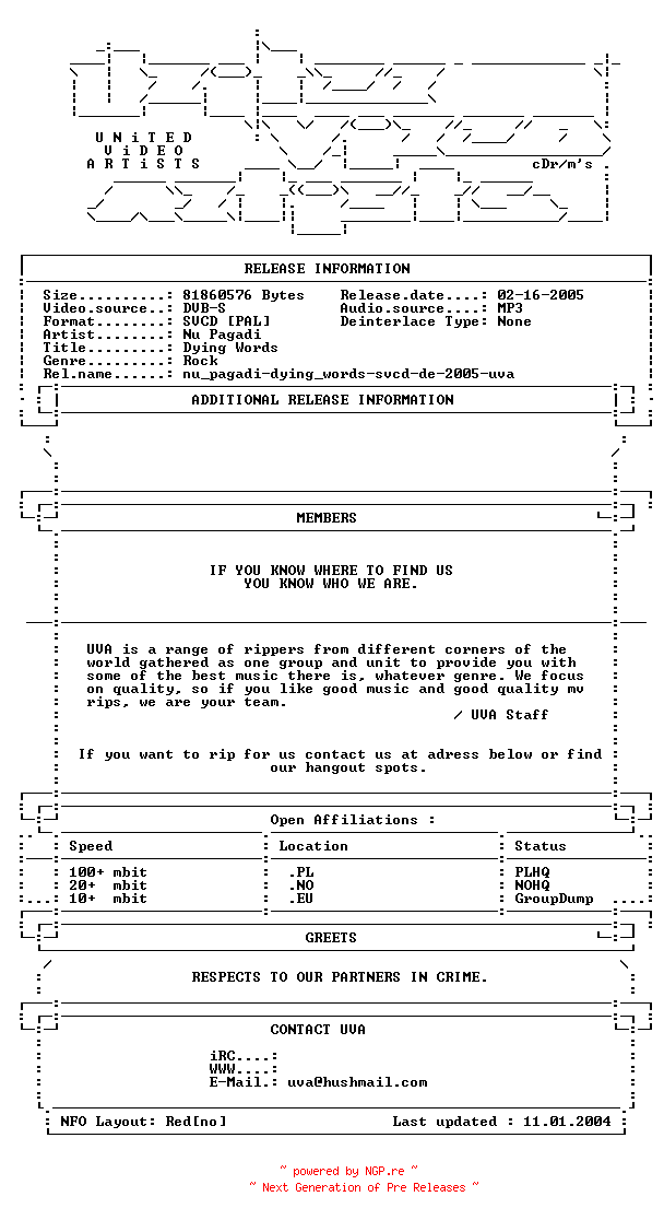 NFO for the release Nu_pagadi-dying_words-svcd-de-2005-uva by uva