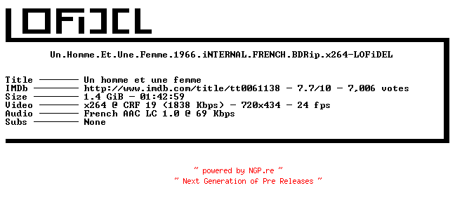 NFO for the release Un.Homme.Et.Une.Femme.1966.iNTERNAL.FRENCH.BDRip.x264-LOFiDEL by LOFiDEL