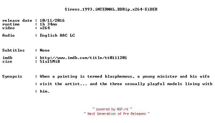 NFO for the release Sirens.1993.iNTERNAL.BDRip.x264-EiDER by EiDER
