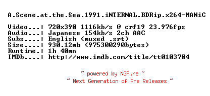 NFO for the release A.Scene.at.the.Sea.1991.iNTERNAL.BDRip.x264-MANiC by MANiC