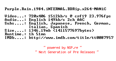 NFO for the release Purple.Rain.1984.iNTERNAL.BDRip.x264-MANiC by MANiC