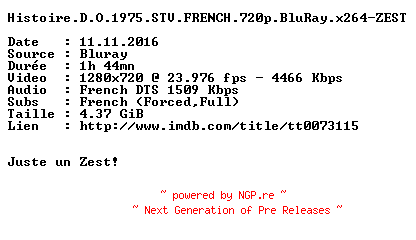 NFO for the release Histoire.D.O.1975.STV.FRENCH.720p.BluRay.x264-ZEST by ZEST