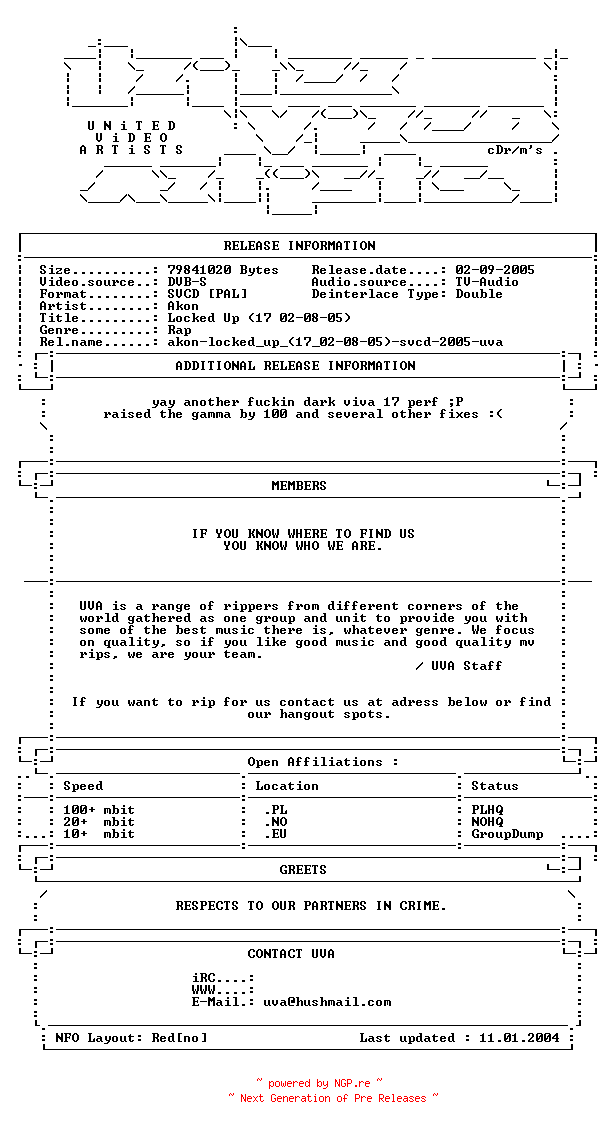 NFO for the release Akon-locked_up_(17_02-08-05)-svcd-2005-uva by uva
