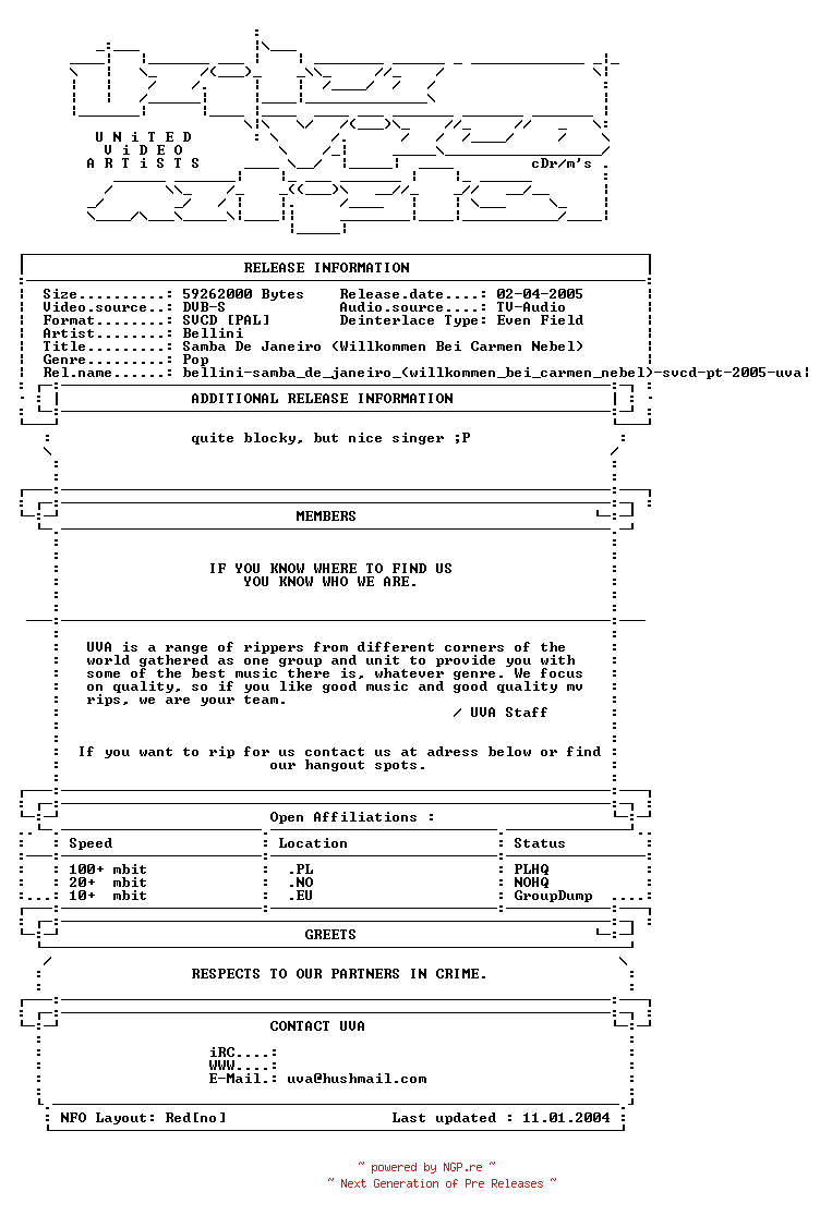 NFO for the release Bellini-samba_de_janeiro_(willkommen_bei_carmen_nebel)-svcd-pt-2005-uva by uva