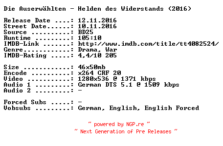 NFO for the release Die.Auserwaehlten.Helden.des.Widerstands.2016.German.720p.BluRay.x264-SPiCY by SPiCY