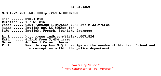 NFO for the release McQ.1974.iNTERNAL.BDRip.x264-LiBRARiANS by LiBRARiANS