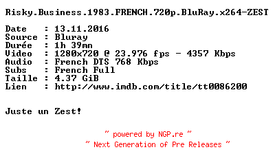 NFO for the release Risky.Business.1983.FRENCH.720p.BluRay.x264-ZEST by ZEST