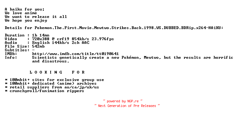 NFO for the release Pokemon.The.First.Movie.Mewtwo.Strikes.Back.1998.WS.DUBBED.BDRip.x264-HAiKU by HAiKU