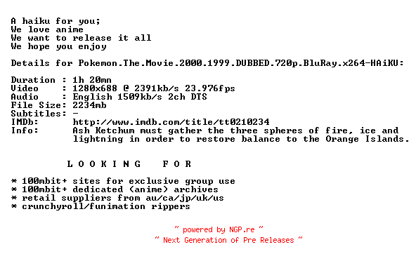 NFO for the release Pokemon.The.Movie.2000.1999.DUBBED.720p.BluRay.x264-HAiKU by HAiKU