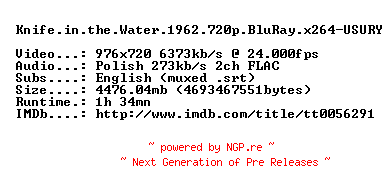 NFO for the release Knife.in.the.Water.1962.720p.BluRay.x264-USURY by USURY