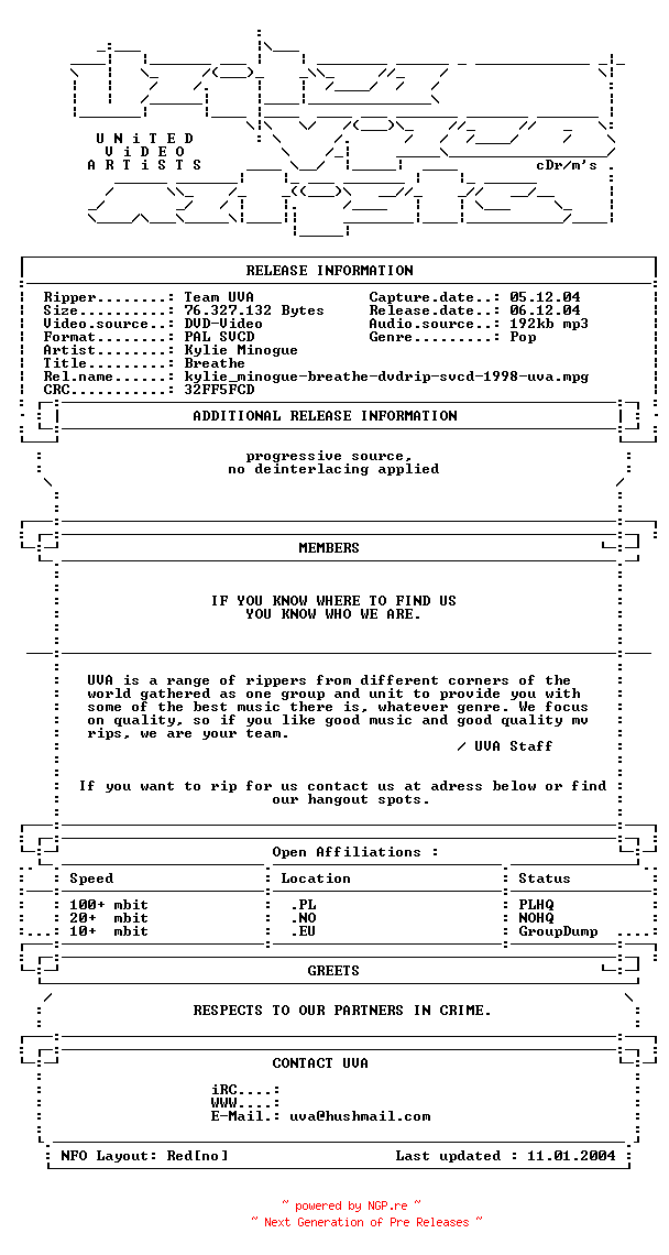 NFO for the release Kylie_minogue-breathe-dvdrip-svcd-1998-uva by uva