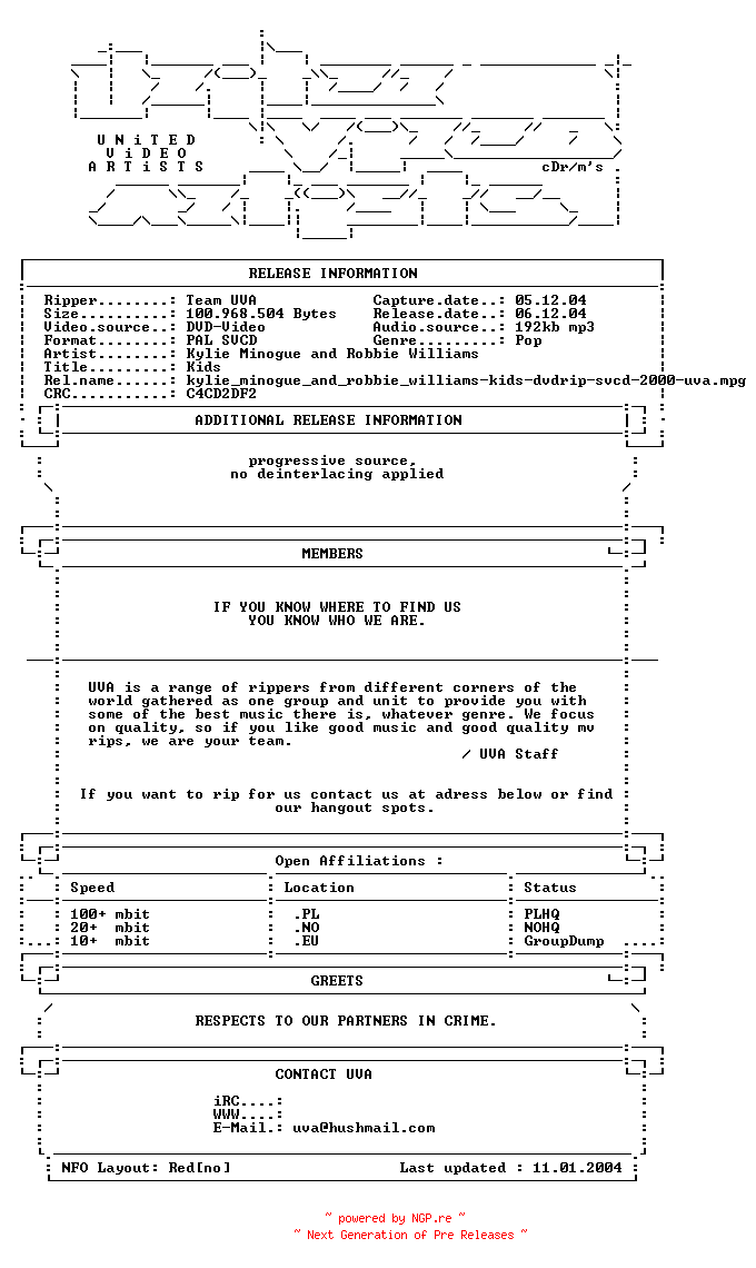NFO for the release Kylie_minogue_and_robbie_williams-kids-dvdrip-svcd-2000-uva by uva