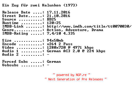 NFO for the release Ein.Zug.fuer.zwei.Halunken.1973.German.720p.BluRay.x264-SPiCY by SPiCY