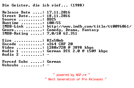 NFO for the release Die.Geister.die.ich.rief.1988.German.720p.BluRay.x264-SPiCY by SPiCY