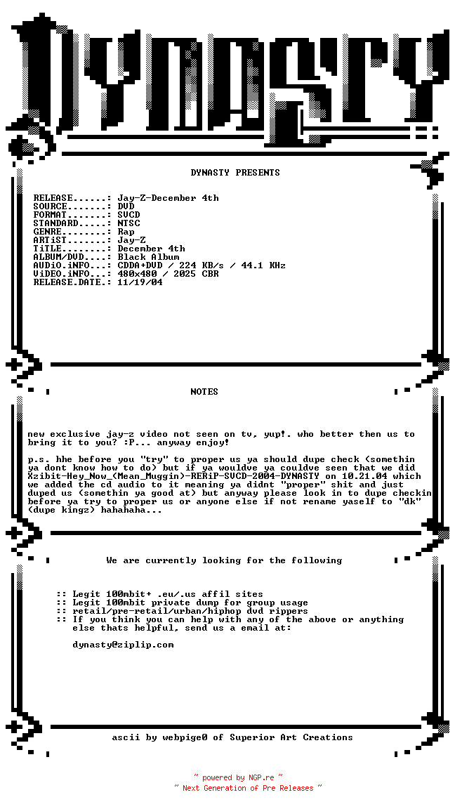 NFO for the release Jay-Z-December_4th-DVDRiP-SVCD-2004-DYNASTY by DYNASTY