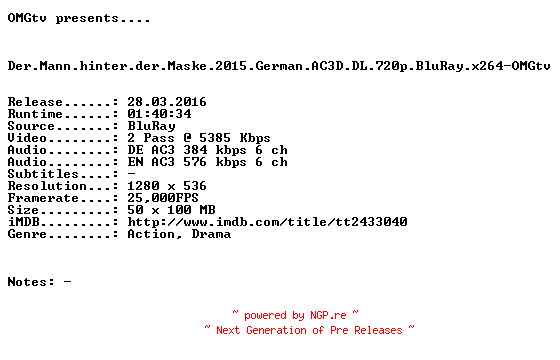 NFO for the release Der.Mann.hinter.der.Maske.2015.German.AC3D.DL.720p.BluRay.x264-OMGtv by OMGtv