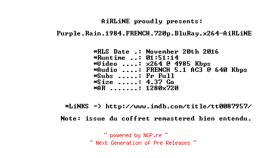NFO for the release Purple.Rain.1984.FRENCH.720p.BluRay.x264-AiRLiNE by AiRLiNE