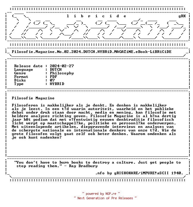 NFO for the release Filosofie.Magazine.No.02.2024.DUTCH.HYBRiD.MAGAZiNE.eBook-LiBRiCiDE by LiBRiCiDE