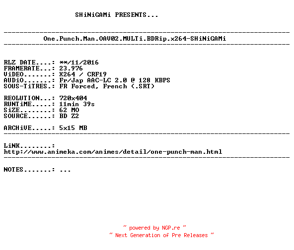 NFO for the release One.Punch.Man.OAV02.MULTi.BDRip.x264-SHiNiGAMi by SHiNiGAMi