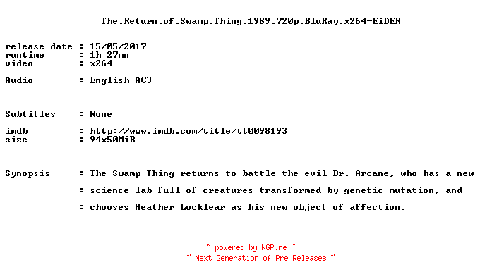 NFO for the release The.Return.of.Swamp.Thing.1989.720p.BluRay.x264-EiDER by EiDER