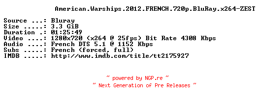 NFO for the release American.Warships.2012.FRENCH.720p.BluRay.x264-ZEST by ZEST