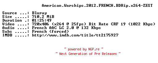 NFO for the release American.Warships.2012.FRENCH.BDRip.x264-ZEST by ZEST