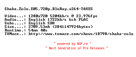 NFO for the release Shaka.Zulu.E05.720p.BluRay.x264-TAXES by TAXES