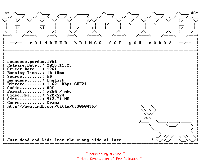 NFO for the release Jeunesse.perdue.1961.BDRiP.x264-RAiNDEER by RAiNDEER