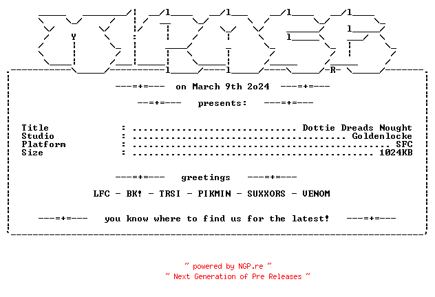 NFO for the release Dottie_Dreads_Nought_SNES-MiRAGE by MiRAGE