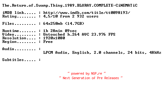 NFO for the release The.Return.of.Swamp.Thing.1989.BLURAY.COMPLETE-CiNEMATiC by CiNEMATiC