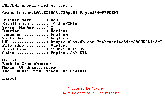 NFO for the release Grantchester.S02.EXTRAS.720p.BluRay.x264-PRESENT by PRESENT