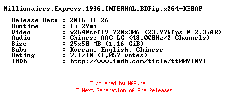 NFO for the release Millionaires.Express.1986.INTERNAL.BDRip.x264-KEBAP by KEBAP
