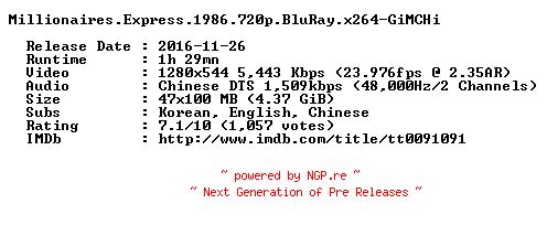 NFO for the release Millionaires.Express.1986.720p.BluRay.x264-GiMCHi by GiMCHi