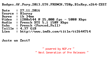 NFO for the release Badges.Of.Fury.2013.STV.FRENCH.720p.BluRay.x264-ZEST by ZEST