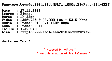 NFO for the release Puncture.Wounds.2014.STV.FRENCH.720p.BluRay.x264-ZEST by ZEST