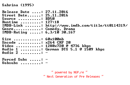 NFO for the release Sabrina.1995.German.720p.BluRay.x264-SPiCY by SPiCY