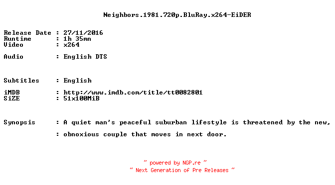 NFO for the release Neighbors.1981.720p.BluRay.x264-EiDER by EiDER