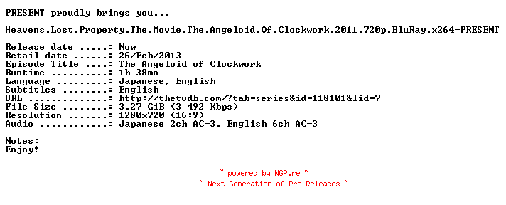 NFO for the release Heavens.Lost.Property.The.Movie.The.Angeloid.Of.Clockwork.2011.720p.BluRay.x264-PRESENT by PRESENT