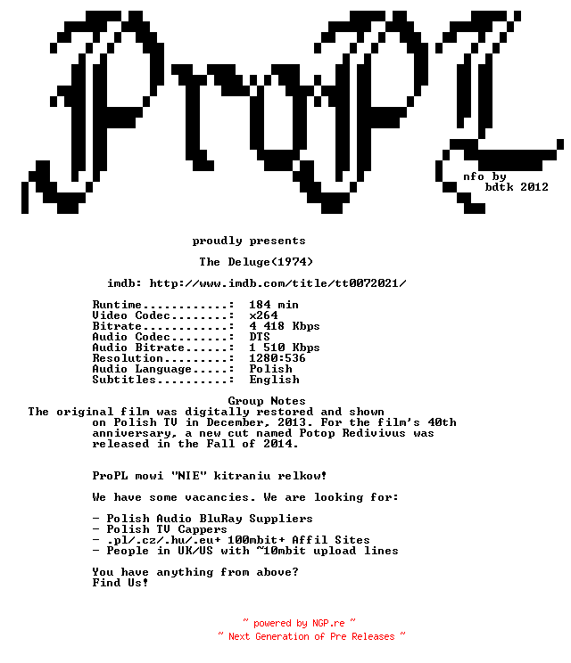 NFO for the release The.Deluge.Redivivus.1974.READNFO.720p.BluRay.x264-ProPL by ProPL