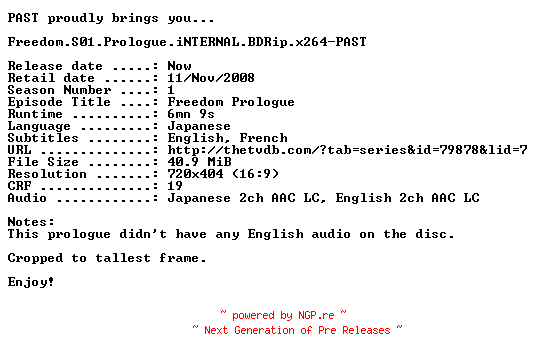 NFO for the release Freedom.S01.Prologue.iNTERNAL.BDRip.x264-PAST by PAST