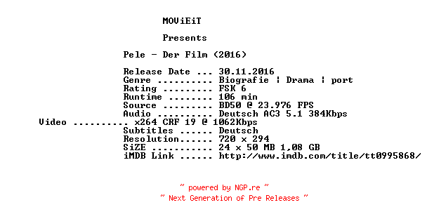 NFO for the release Pele.Der.Film.German.2016.AC3.BDRip.x264-MOViEiT by MOViEiT